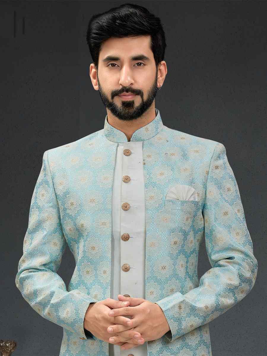 Sky Blue Heavy Imported Jacquard Woven Groom Wedding Sherwani