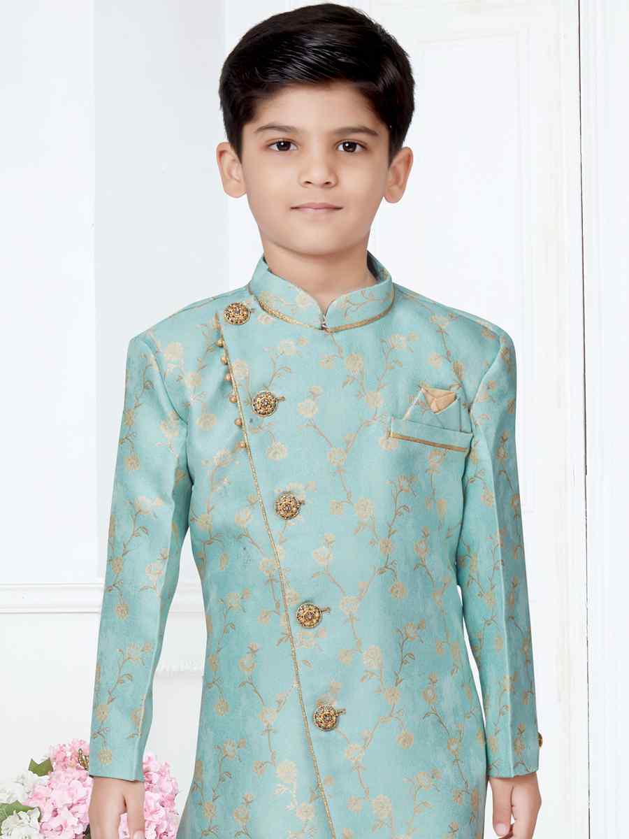 Sky Blue Heavy Jacquard Floral Party Festival Kurta Pyjama Boys Wear