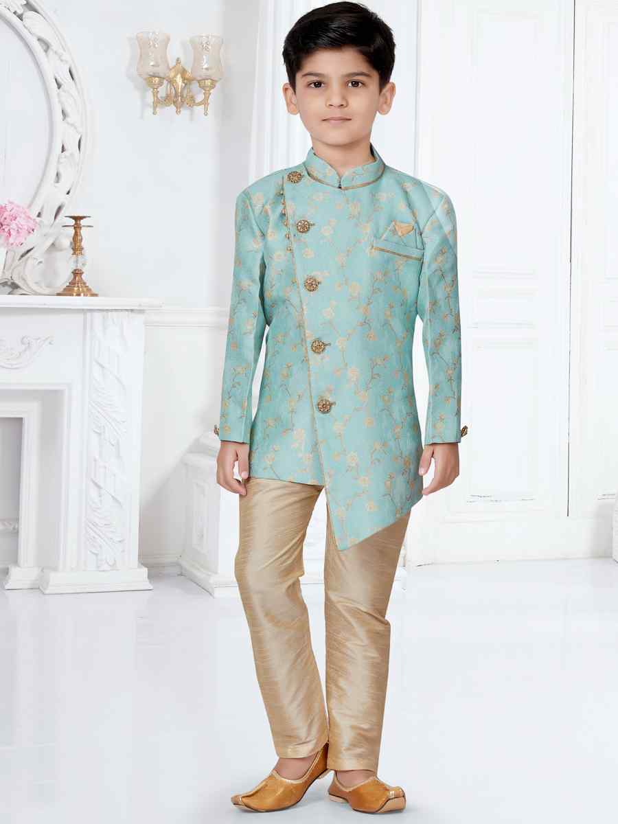 Sky Blue Heavy Jacquard Floral Party Festival Kurta Pyjama Boys Wear