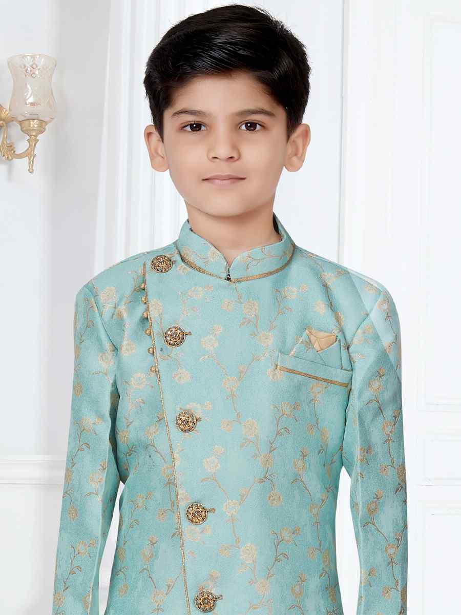 Sky Blue Heavy Jacquard Floral Party Festival Kurta Pyjama Boys Wear