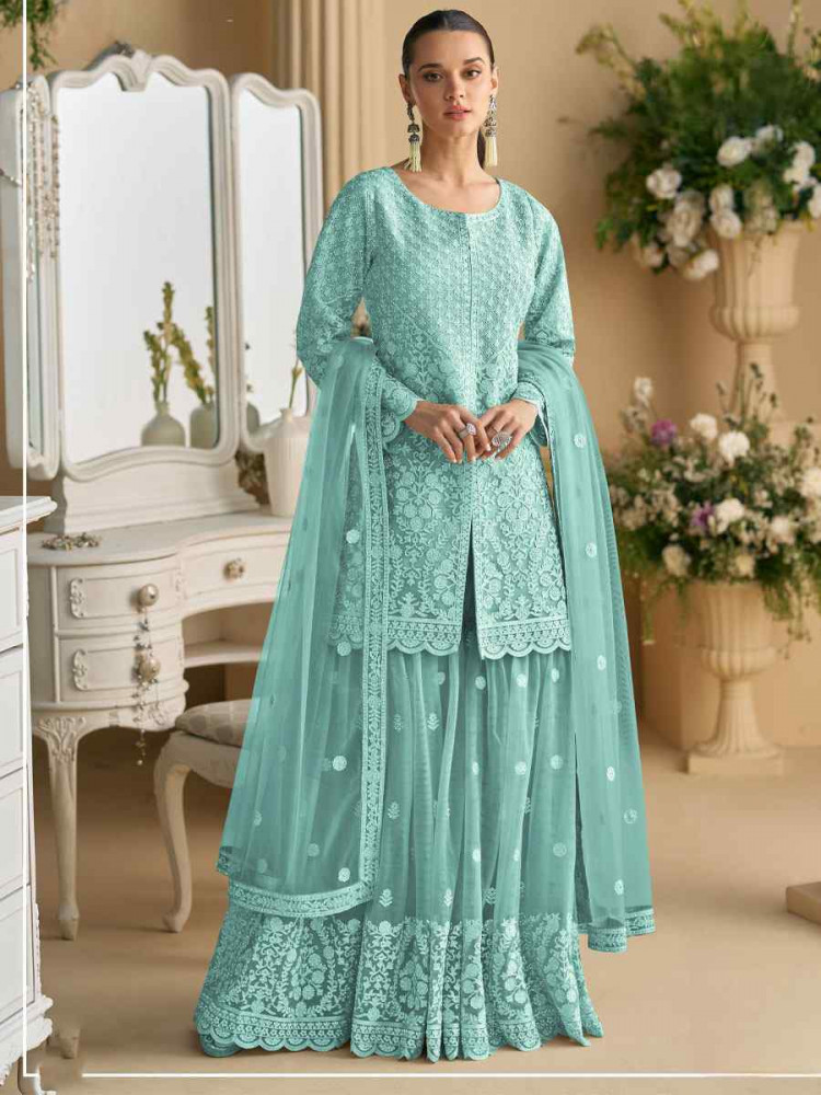 Image of Sky Blue Heavy Net Embroidery Party Wedding Festival Casual Ready Sharara Pant Salwar Kameez