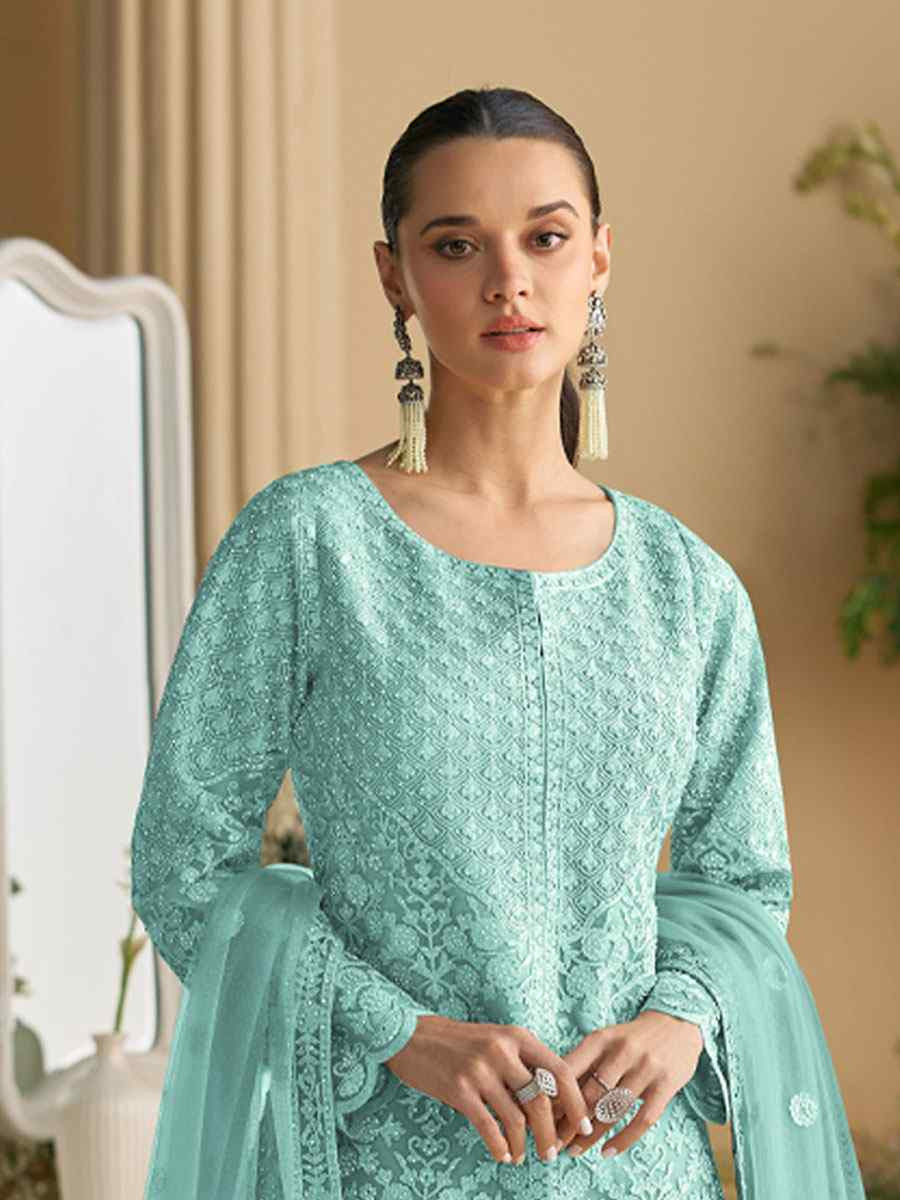 Sky Blue Heavy Net Embroidery Party Wedding Festival Casual Ready Sharara Pant Salwar Kameez