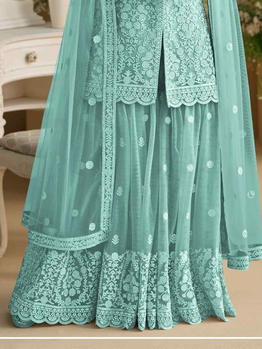 Sky Blue Heavy Net Embroidery Party Wedding Festival Casual Ready Sharara Pant Salwar Kameez