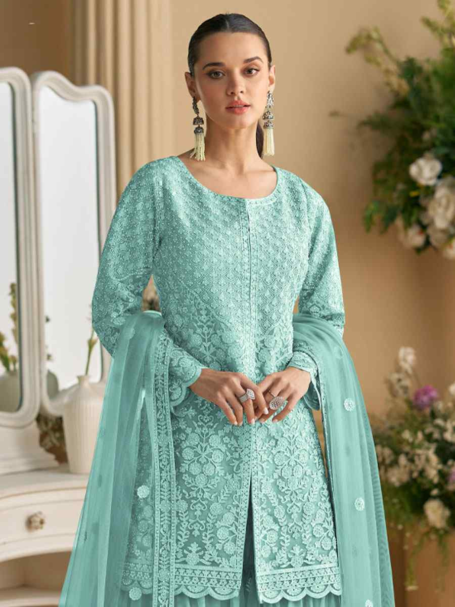 Sky Blue Heavy Net Embroidery Party Wedding Festival Casual Ready Sharara Pant Salwar Kameez