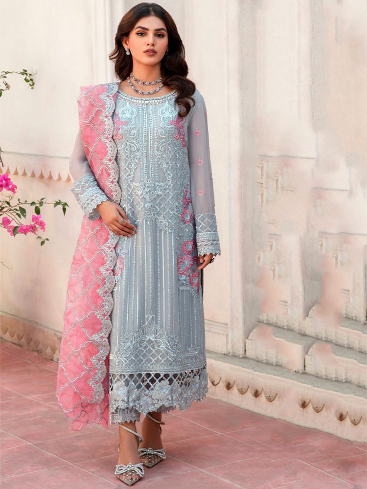 Sky Blue Heavy Organza Embroidered Festival Wedding Pant Salwar Kameez