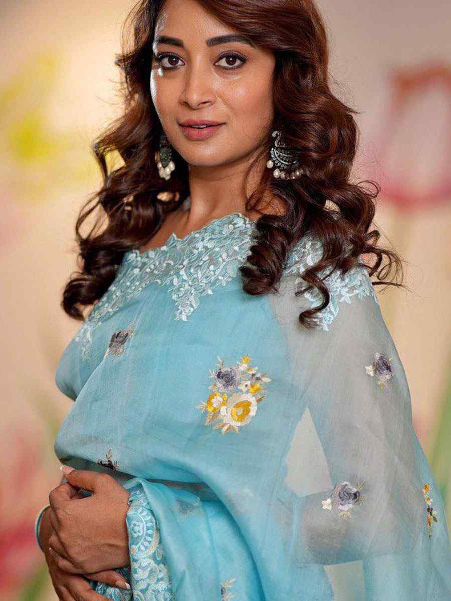 Sky Blue Heavy Organza Embroidery Casual Reception Festival Wedding Fancy Classic Style Sarees