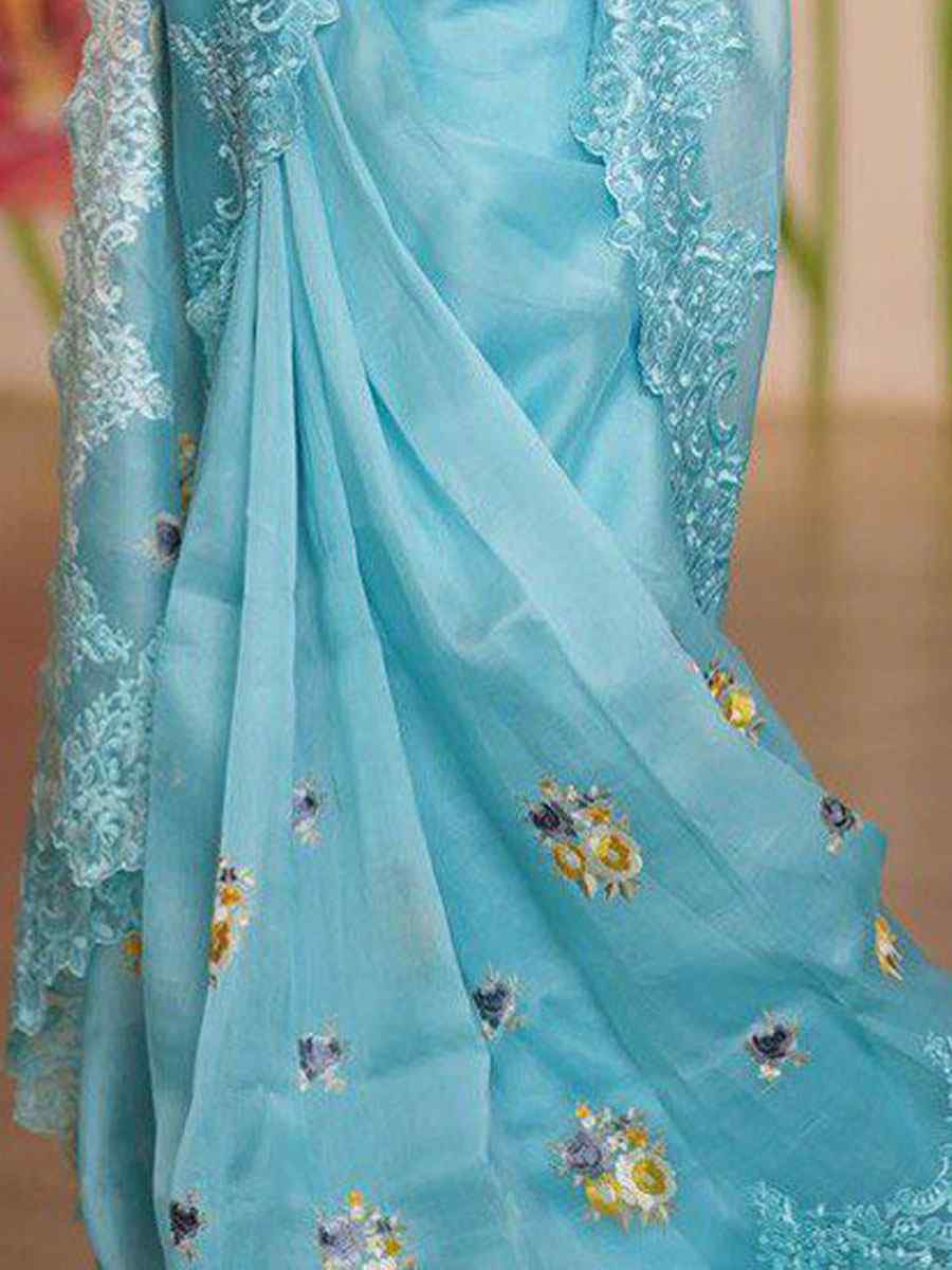 Sky Blue Heavy Organza Embroidery Casual Reception Festival Wedding Fancy Classic Style Sarees