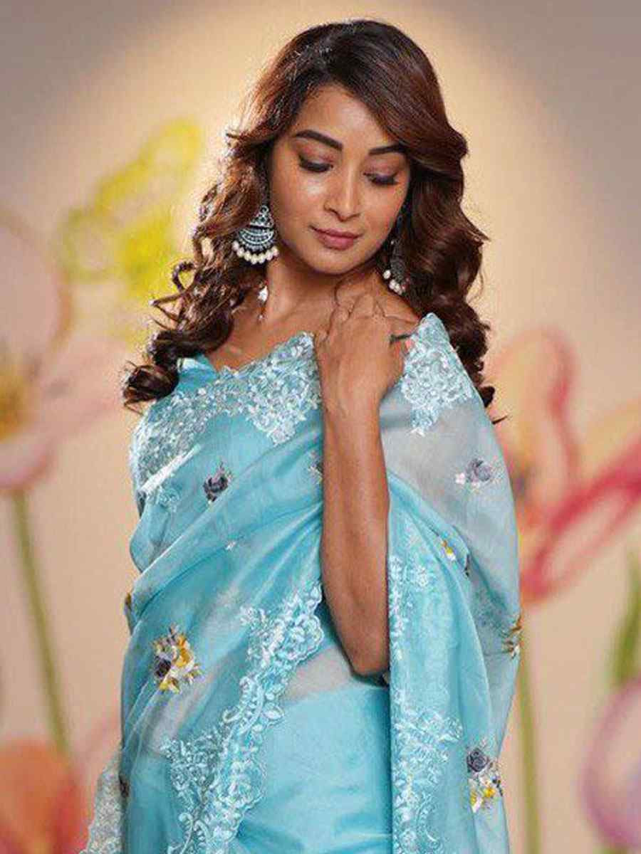 Sky Blue Heavy Organza Embroidery Casual Reception Festival Wedding Fancy Classic Style Sarees