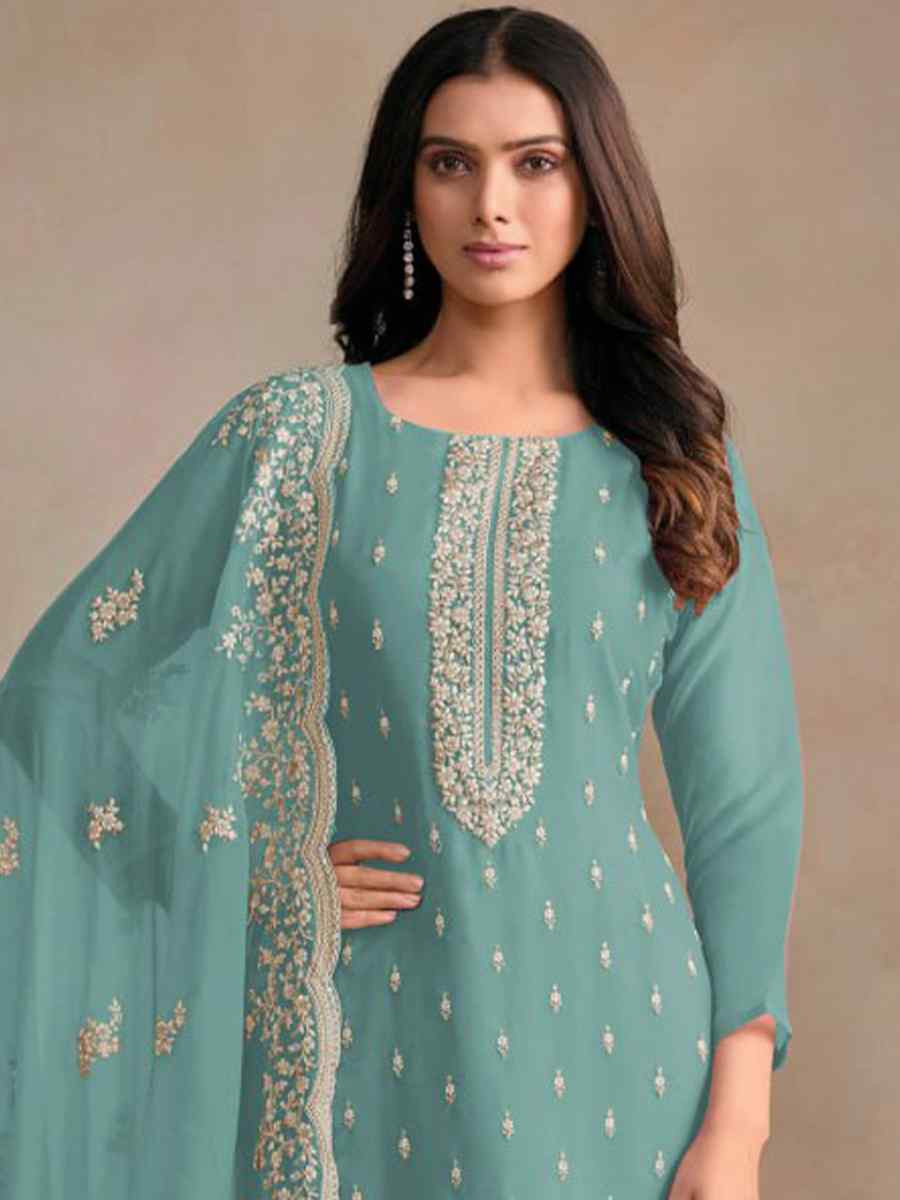 Sky Blue Heavy Orgnza Silk Embroidered Festival Casual Pant Salwar Kameez