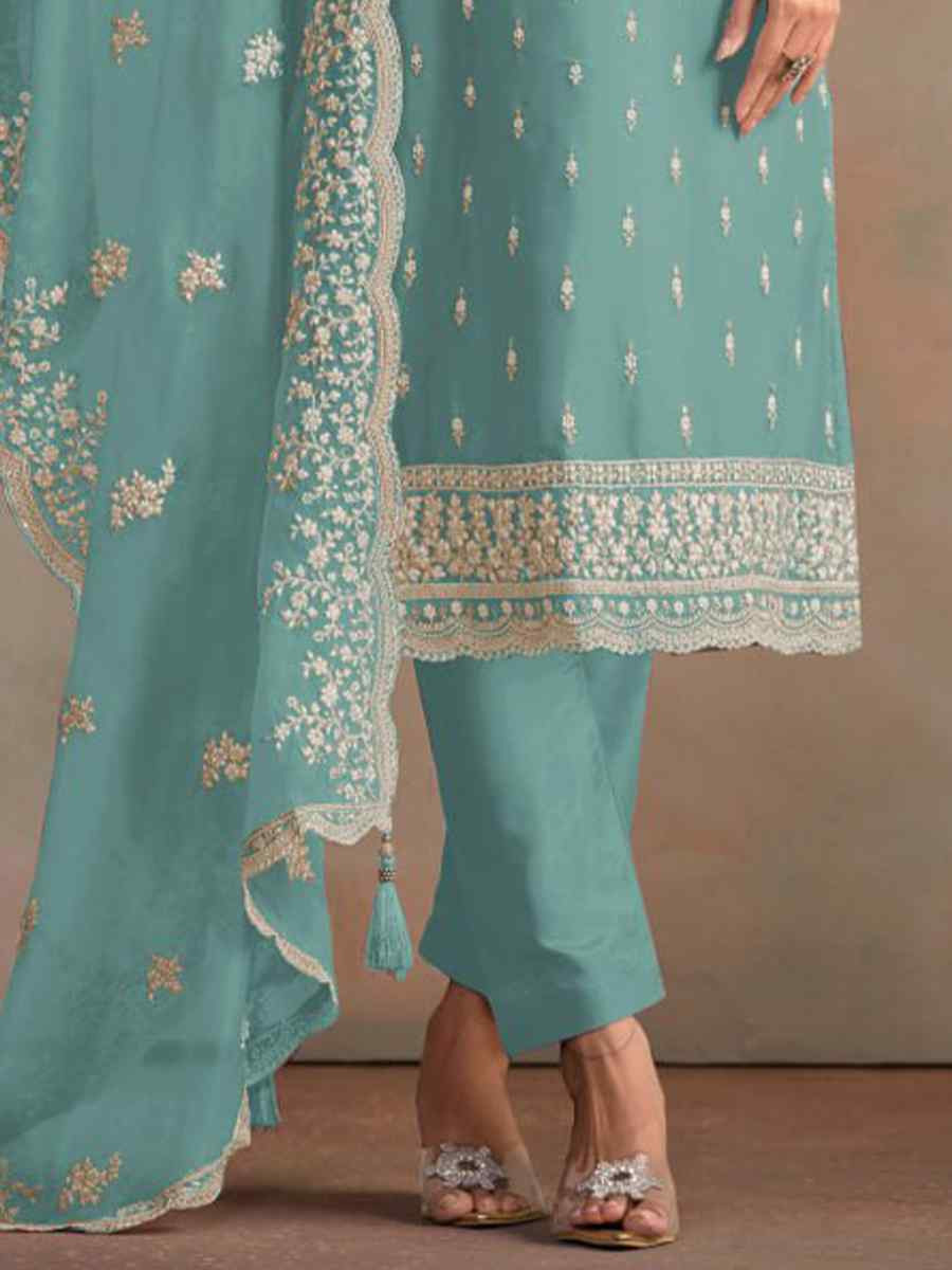 Sky Blue Heavy Orgnza Silk Embroidered Festival Casual Pant Salwar Kameez