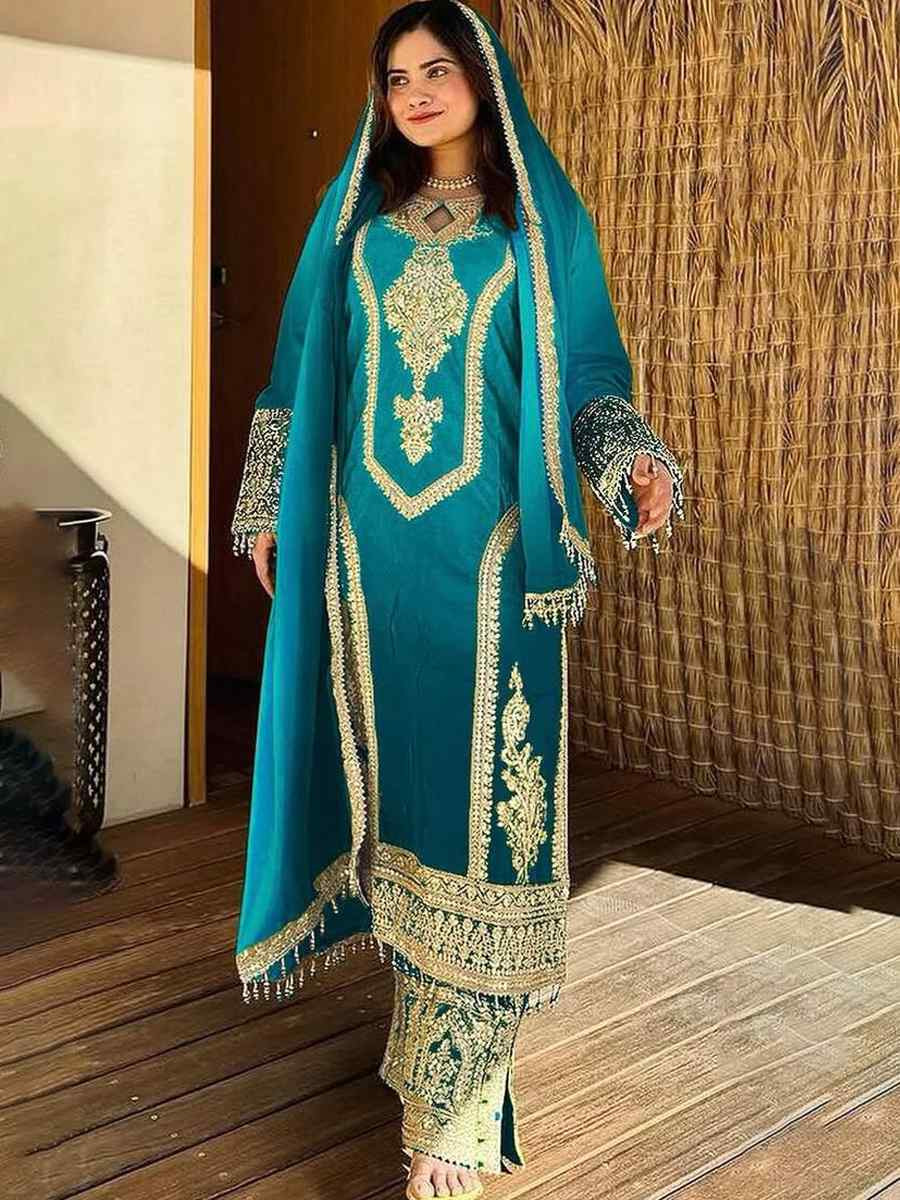 Sky Blue Heavy Pure Dull Tone Peding Chinon Silk Embroidered Fastive Wedding Ready Pant Salwar Kameez