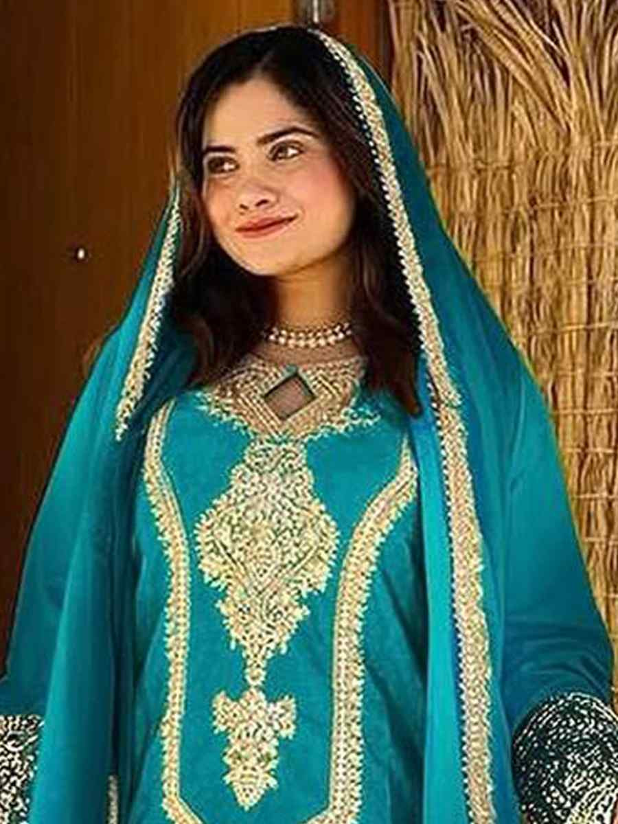 Sky Blue Heavy Pure Dull Tone Peding Chinon Silk Embroidered Fastive Wedding Ready Pant Salwar Kameez