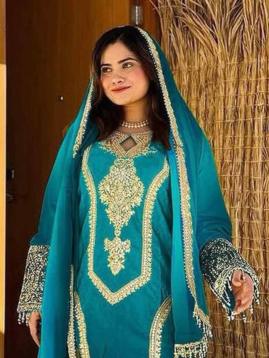 Sky Blue Heavy Pure Dull Tone Peding Chinon Silk Embroidered Fastive Wedding Ready Pant Salwar Kameez