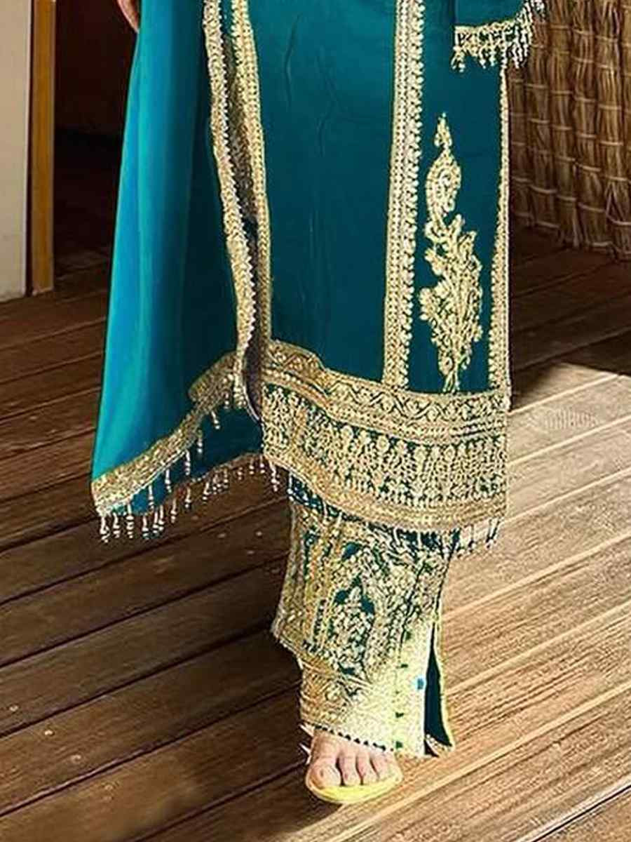 Sky Blue Heavy Pure Dull Tone Peding Chinon Silk Embroidered Fastive Wedding Ready Pant Salwar Kameez