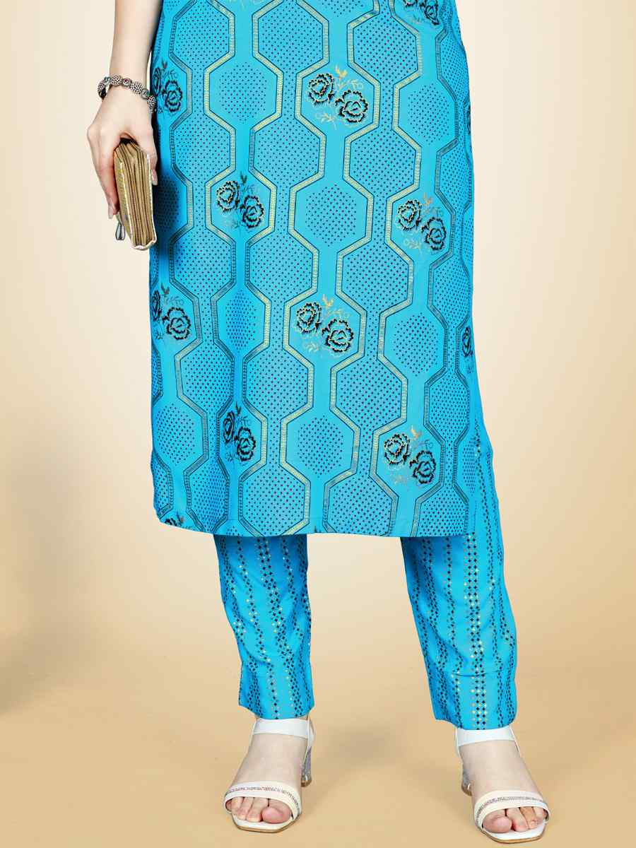 Sky Blue Heavy Rayon 14 Kgs Embroidered Festival Casual Kurti