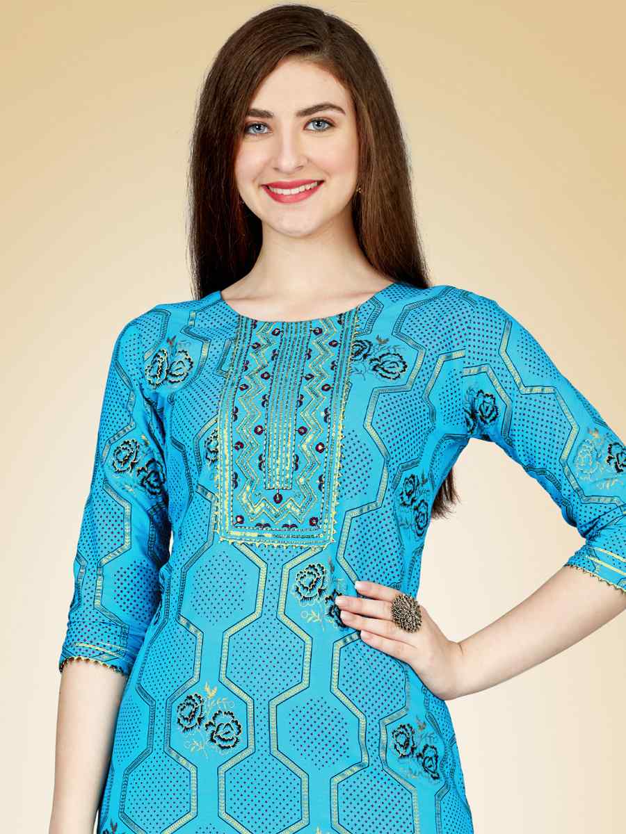 Sky Blue Heavy Rayon 14 Kgs Embroidered Festival Casual Kurti With Bottom
