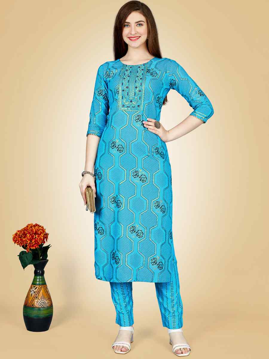 Sky Blue Heavy Rayon 14 Kgs Embroidered Festival Casual Kurti