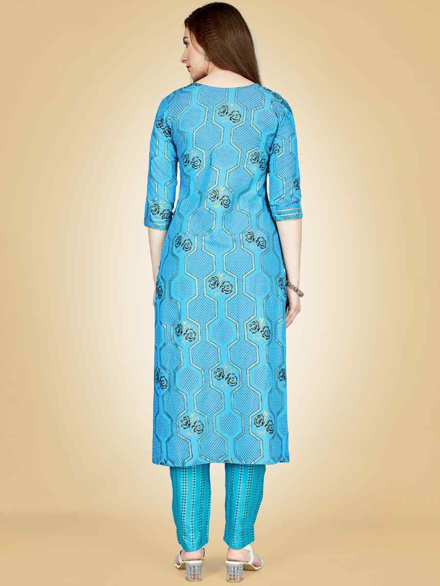 Sky Blue Heavy Rayon 14 Kgs Embroidered Festival Casual Kurti