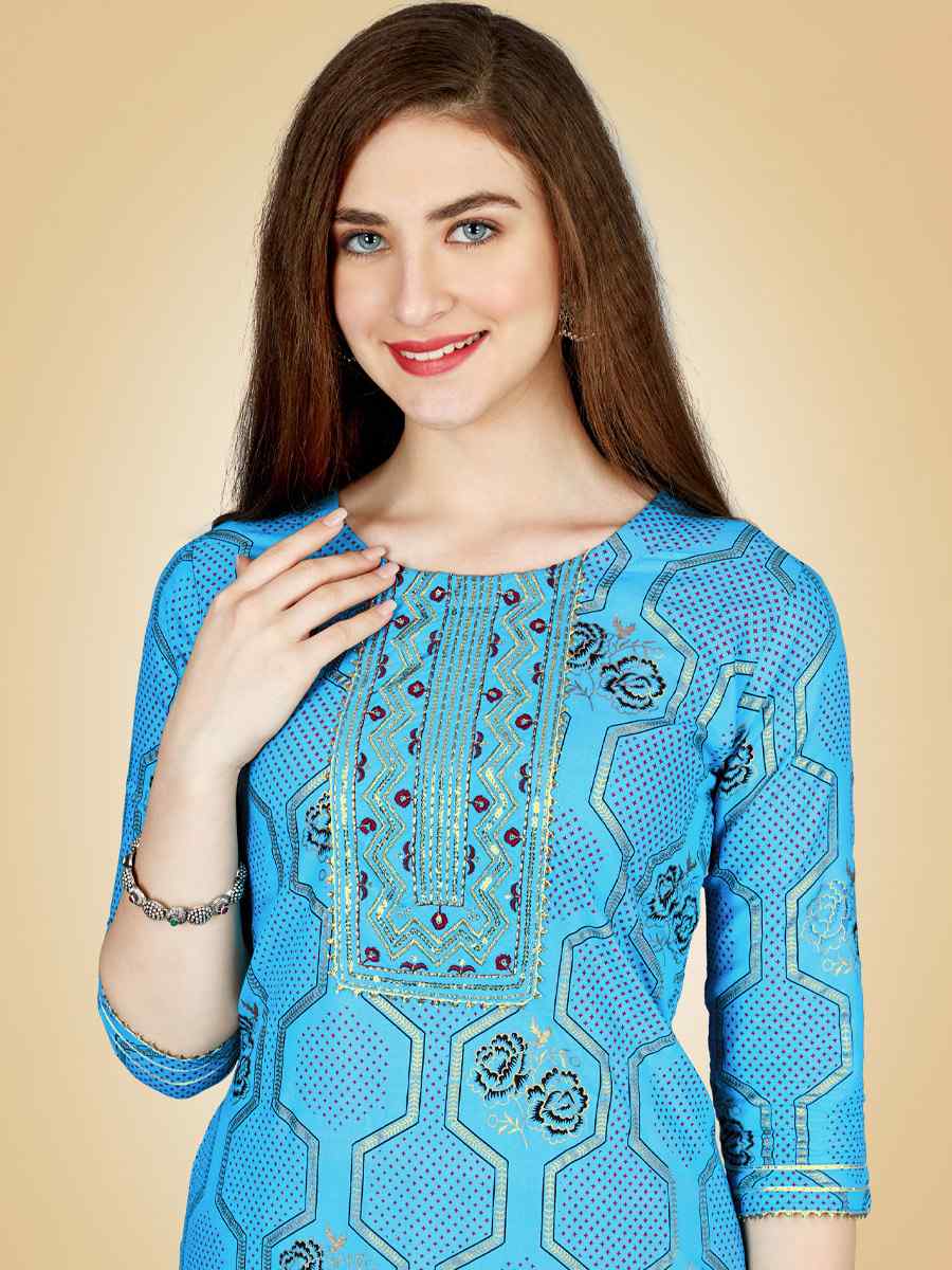Sky Blue Heavy Rayon 14 Kgs Embroidered Festival Casual Kurti With Bottom