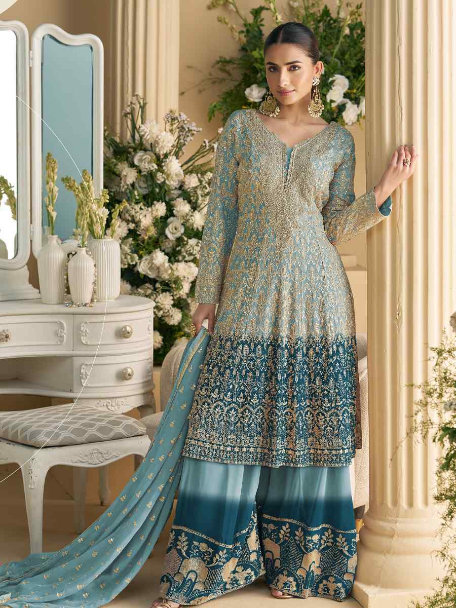 Sky Blue Heavy Real Gerogette Embroidery Party Wedding Festival Casual Ready Palazzo Pant Salwar Kameez