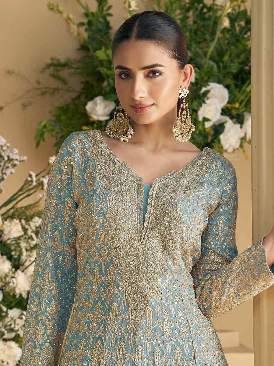 Sky Blue Heavy Real Gerogette Embroidery Party Wedding Festival Casual Ready Palazzo Pant Salwar Kameez