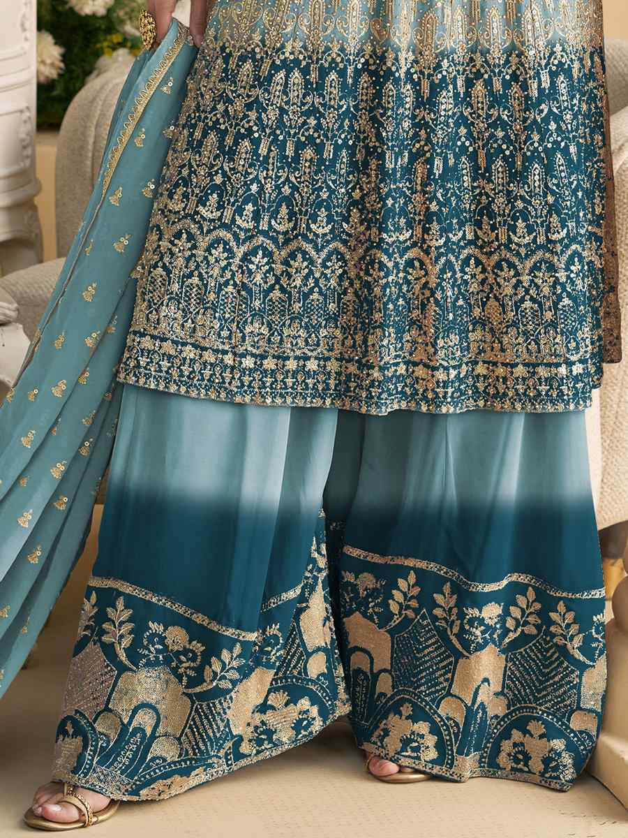 Sky Blue Heavy Real Gerogette Embroidery Party Wedding Festival Casual Ready Palazzo Pant Salwar Kameez
