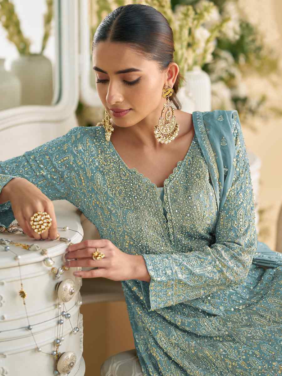 Sky Blue Heavy Real Gerogette Embroidery Party Wedding Festival Casual Ready Palazzo Pant Salwar Kameez
