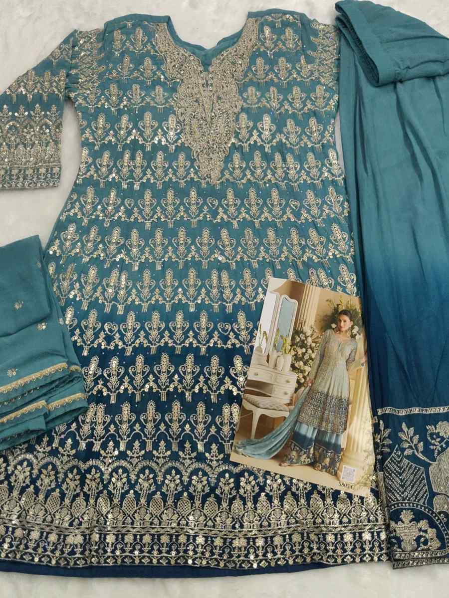 Sky Blue Heavy Real Gerogette Embroidery Party Wedding Festival Casual Ready Palazzo Pant Salwar Kameez