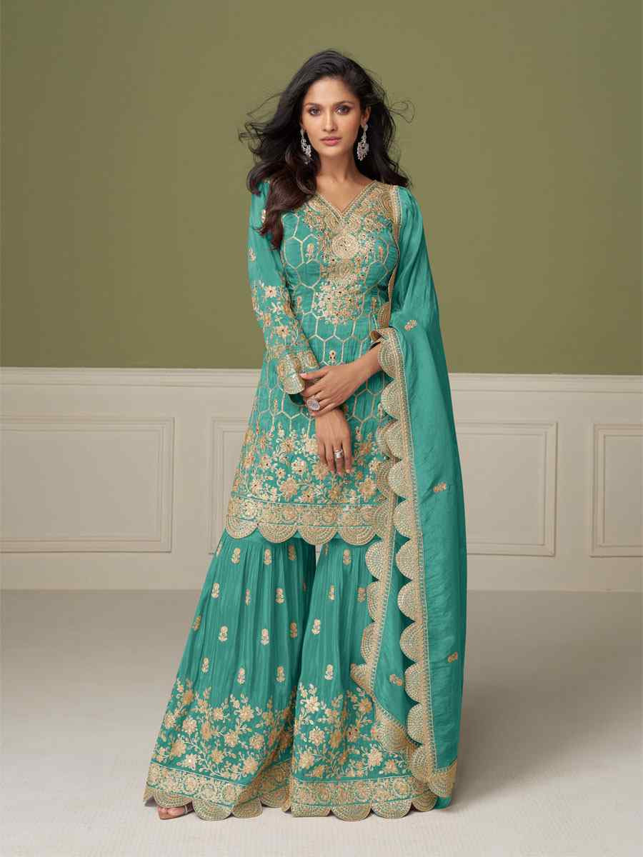 Sky Blue Heavy Real Simar Silk Embroidery Party Wedding Festival Casual Ready Sharara Pant Salwar Kameez