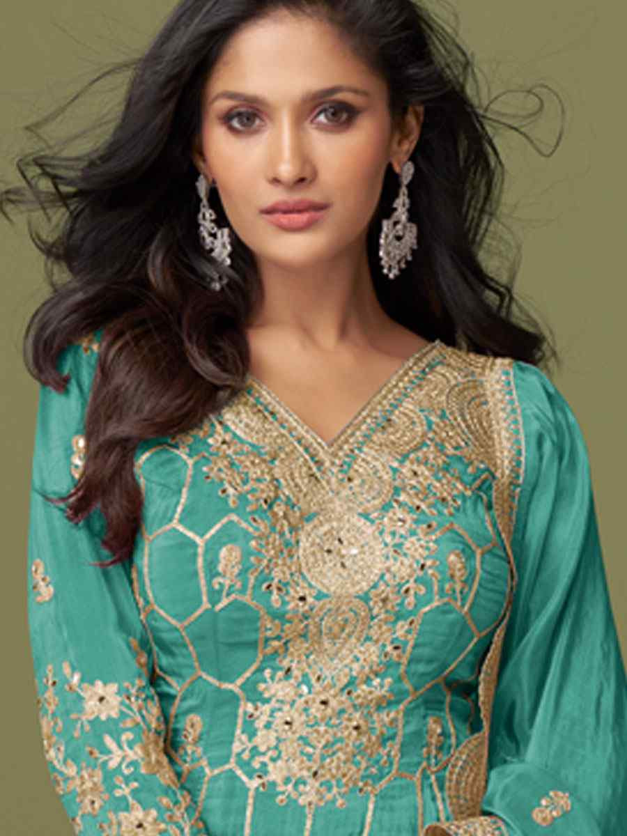 Sky Blue Heavy Real Simar Silk Embroidery Party Wedding Festival Casual Ready Sharara Pant Salwar Kameez