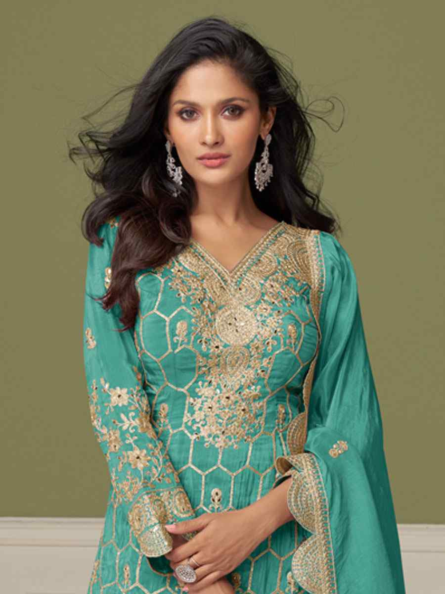 Sky Blue Heavy Real Simar Silk Embroidery Party Wedding Festival Casual Ready Sharara Pant Salwar Kameez