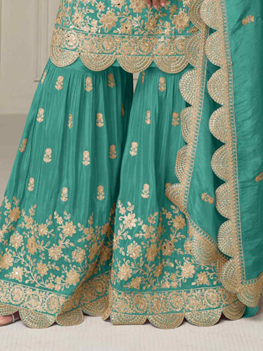 Sky Blue Heavy Real Simar Silk Embroidery Party Wedding Festival Casual Ready Sharara Pant Salwar Kameez