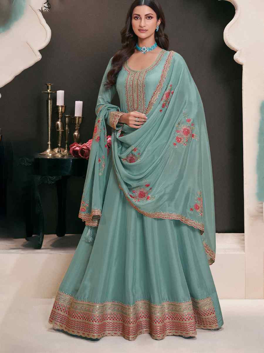 Sky Blue Heavy Silk Embroidered Festival Wedding Anarkali Salwar Kameez