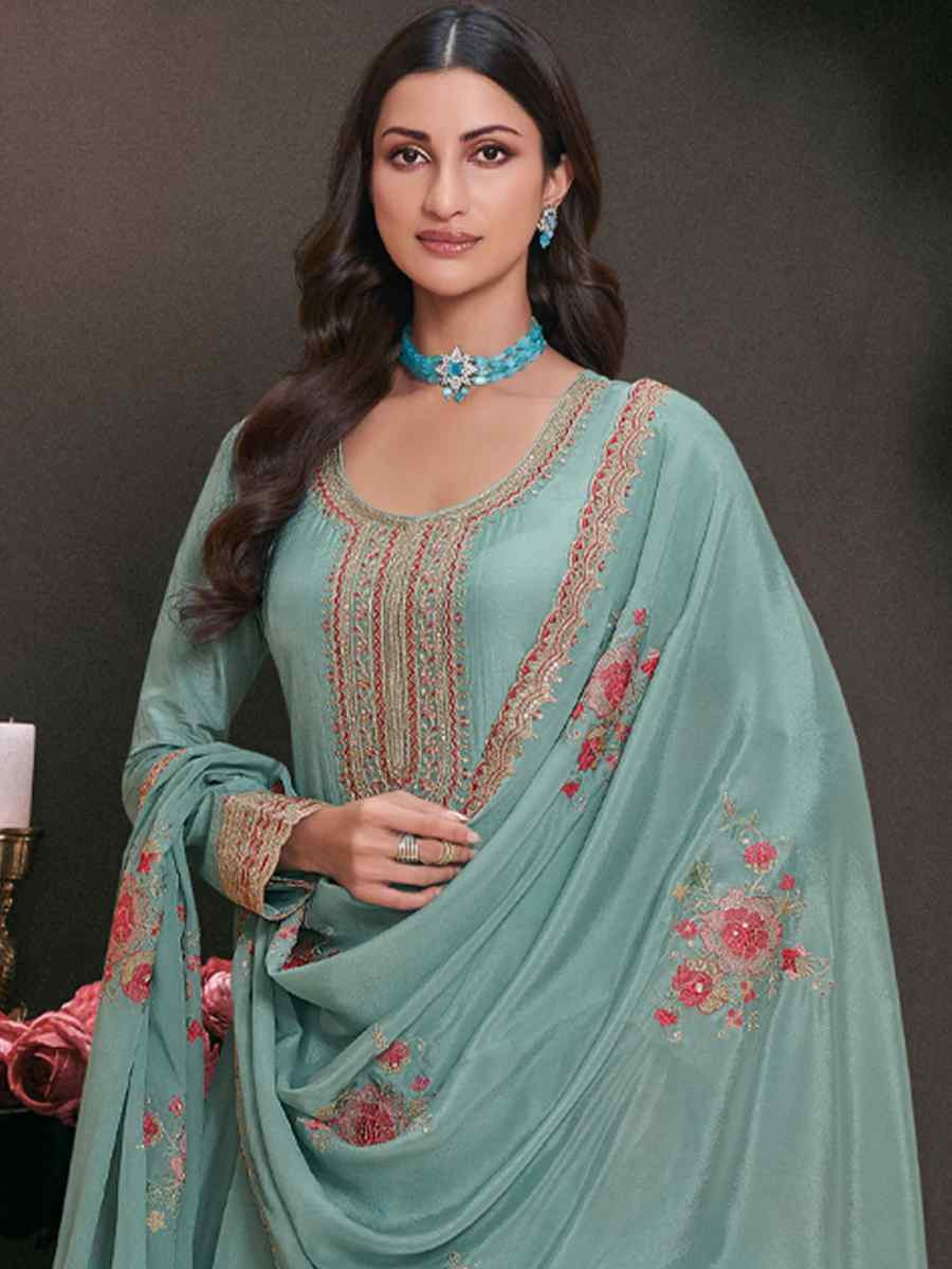 Sky Blue Heavy Silk Embroidered Festival Wedding Anarkali Salwar Kameez
