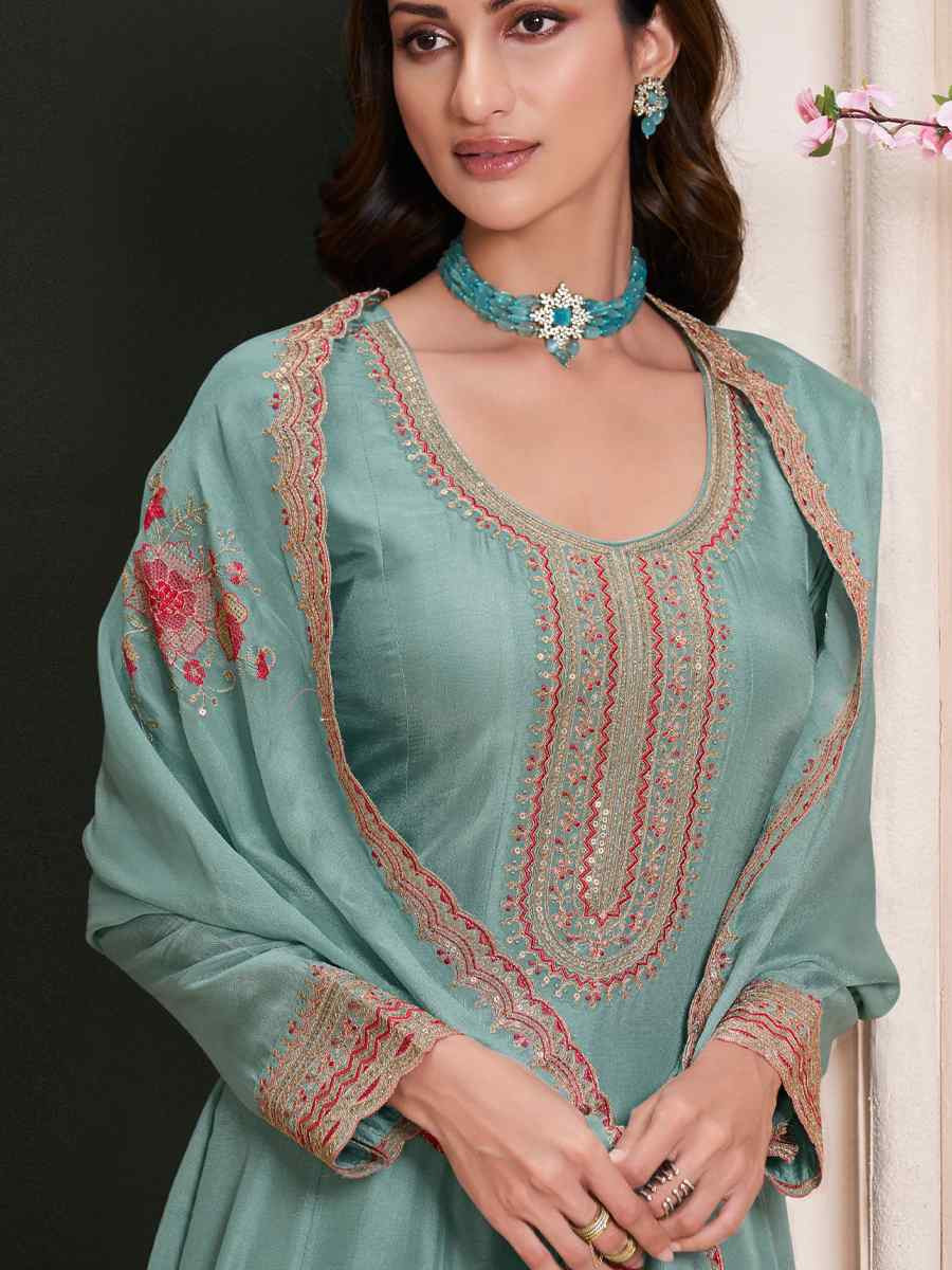 Sky Blue Heavy Silk Embroidered Festival Wedding Anarkali Salwar Kameez