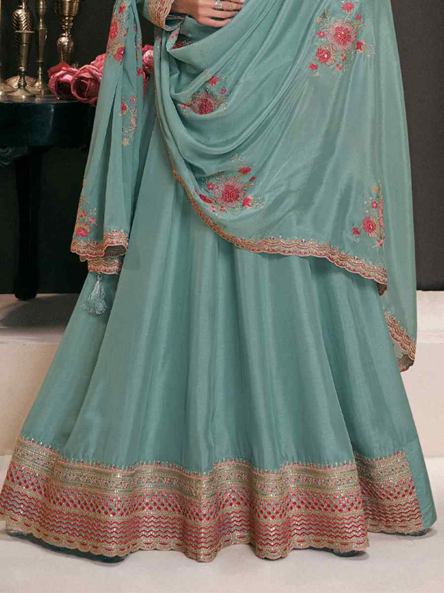 Sky Blue Heavy Silk Embroidered Festival Wedding Anarkali Salwar Kameez