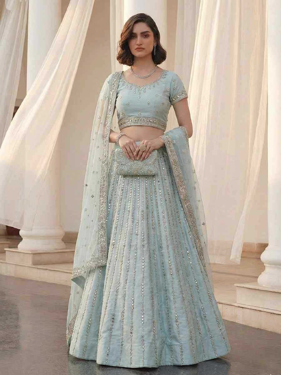 Sky Blue Heavy Silk Embroidery Wedding Reception Festival Heavy Border Lehenga Choli