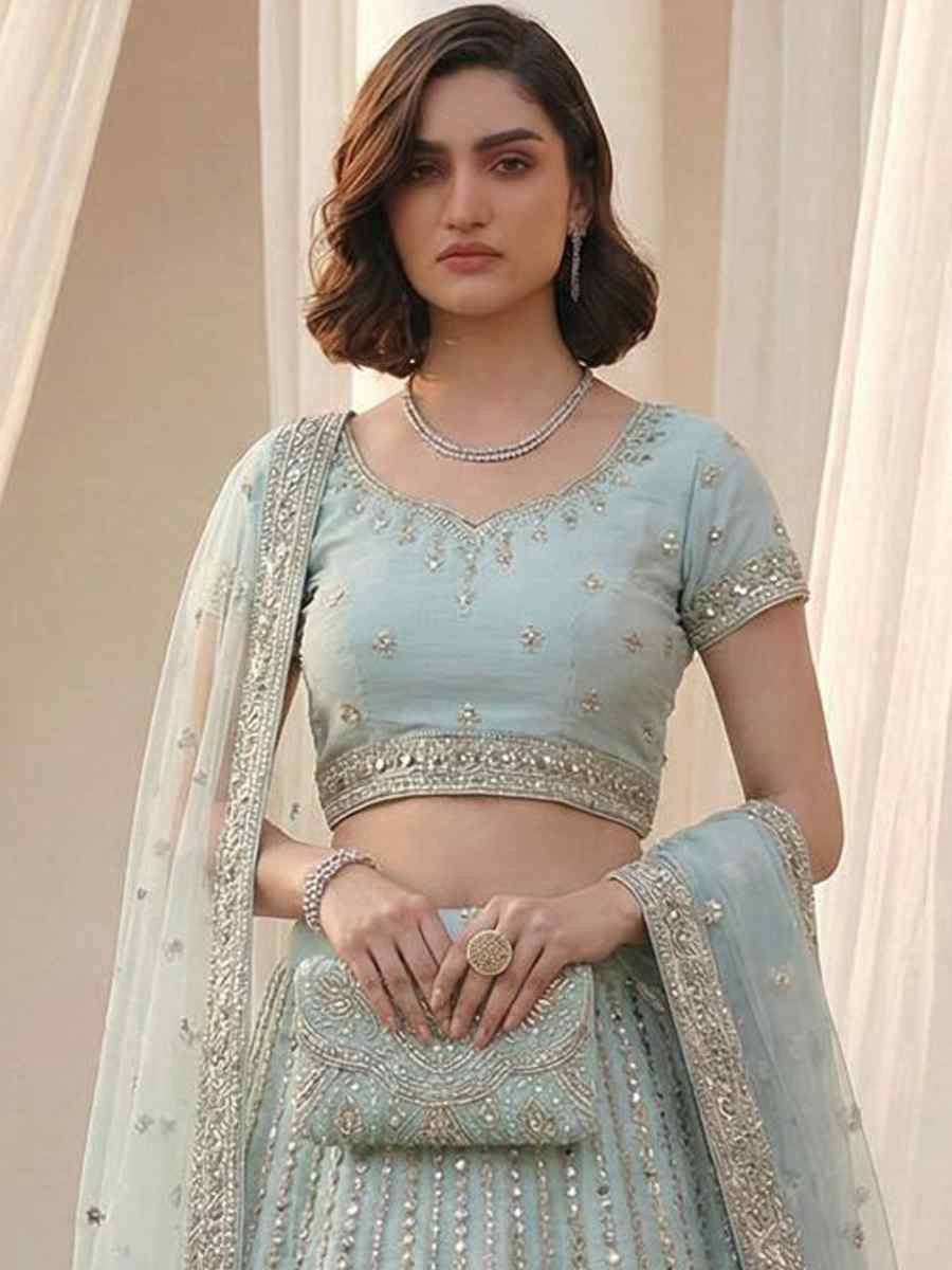 Sky Blue Heavy Silk Embroidery Wedding Reception Festival Heavy Border Lehenga Choli