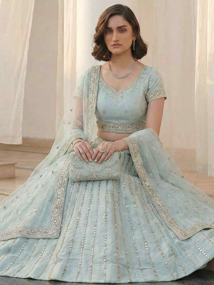Sky Blue Heavy Silk Embroidery Wedding Reception Festival Heavy Border Lehenga Choli