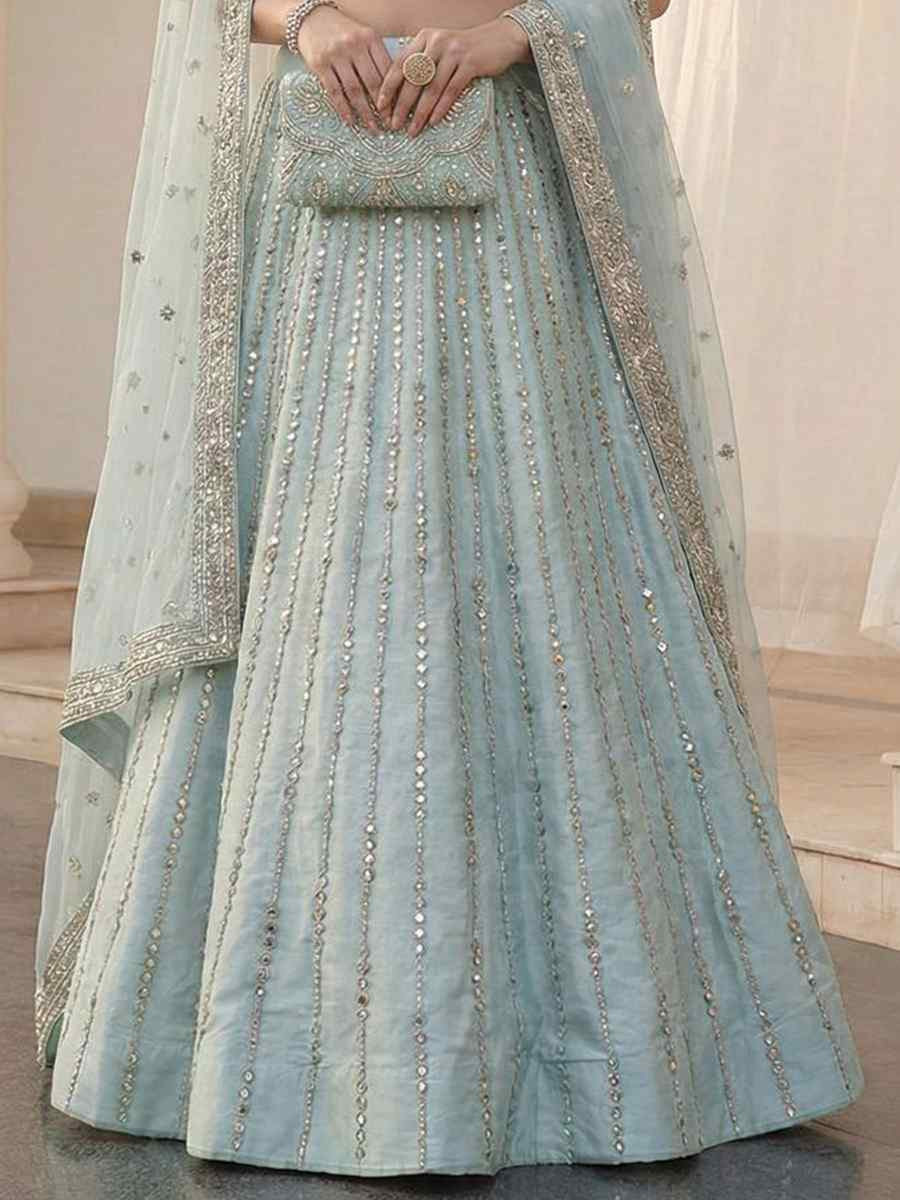 Sky Blue Heavy Silk Embroidery Wedding Reception Festival Heavy Border Lehenga Choli
