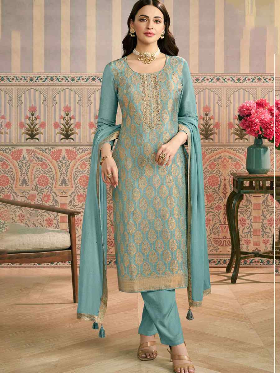 Sky Blue Heavy Simar Jequard Silk Embroidered Festival Wedding Pant Salwar Kameez
