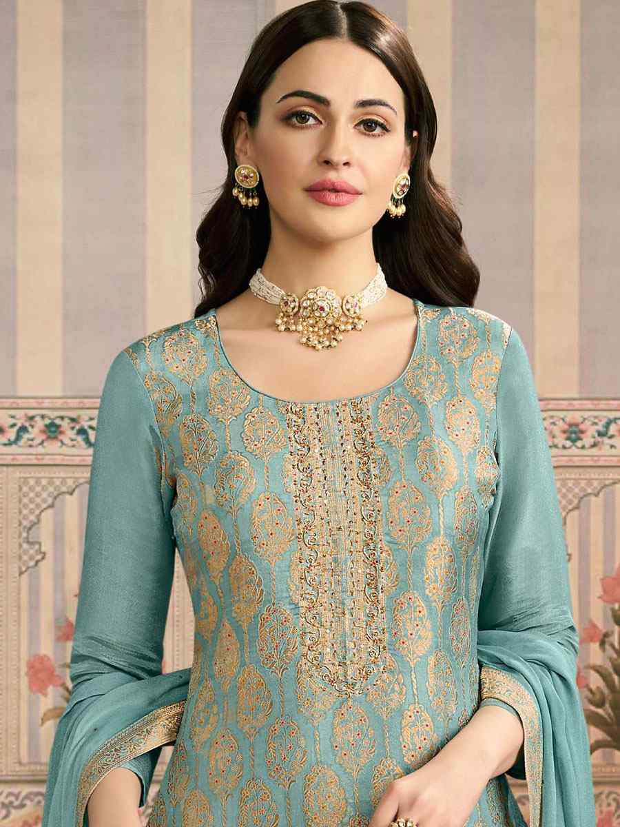 Sky Blue Heavy Simar Jequard Silk Embroidered Festival Wedding Pant Salwar Kameez