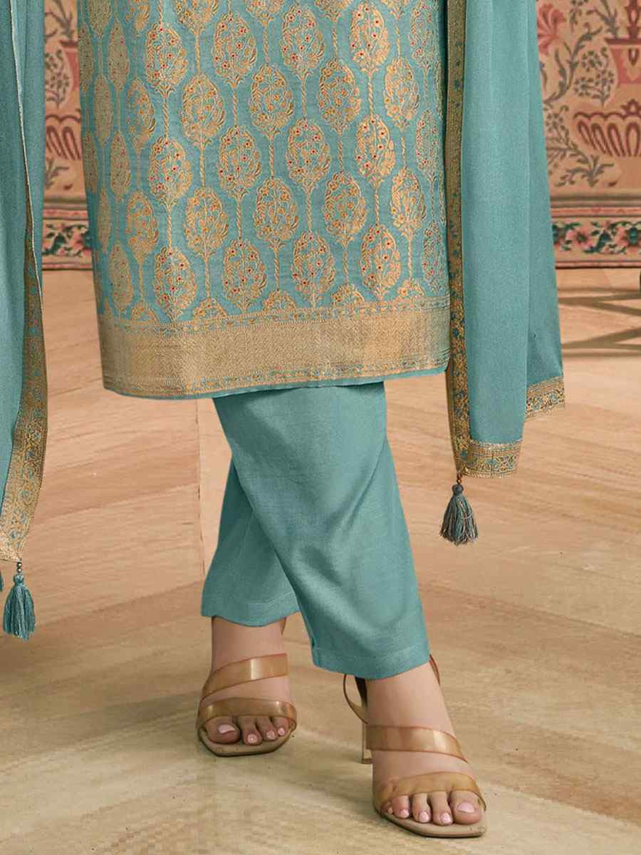 Sky Blue Heavy Simar Jequard Silk Embroidered Festival Wedding Pant Salwar Kameez