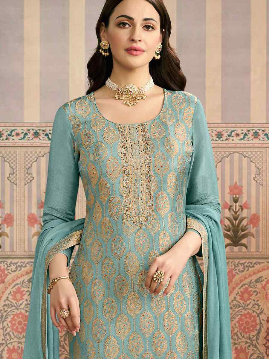 Sky Blue Heavy Simar Jequard Silk Embroidered Festival Wedding Pant Salwar Kameez