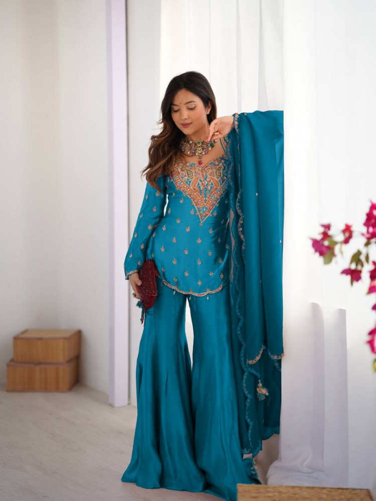 Image of Sky Blue Heavy Simar Silk Embroidery Sequins Zari Wedding Party Festival Ready Sharara Pant Salwar Kameez