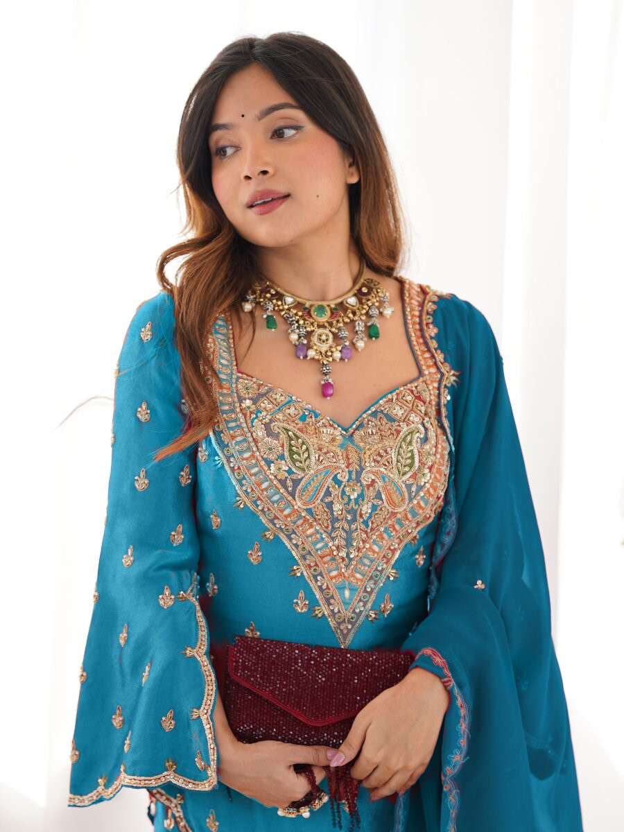 Sky Blue Heavy Simar Silk Embroidery Sequins Zari Wedding Party Festival Ready Sharara Pant Salwar Kameez