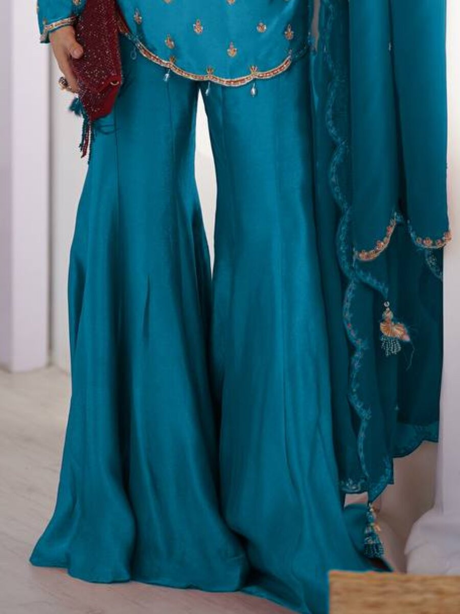 Sky Blue Heavy Simar Silk Embroidery Sequins Zari Wedding Party Festival Ready Sharara Pant Salwar Kameez