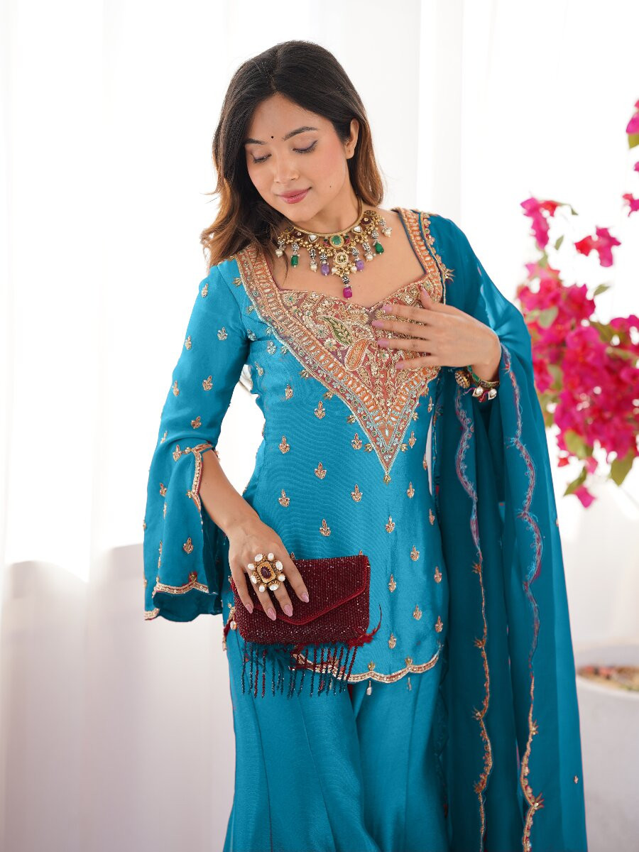Sky Blue Heavy Simar Silk Embroidery Sequins Zari Wedding Party Festival Ready Sharara Pant Salwar Kameez