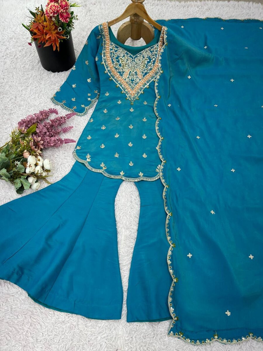 Sky Blue Heavy Simar Silk Embroidery Sequins Zari Wedding Party Festival Ready Sharara Pant Salwar Kameez