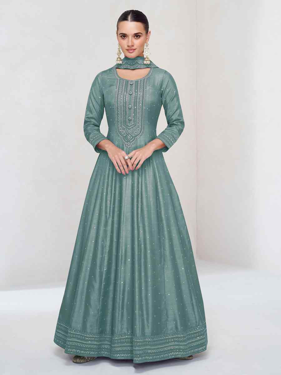 Sky Blue Heavy Vichitra Silk Embroidered Festival Casual Wedding Gown